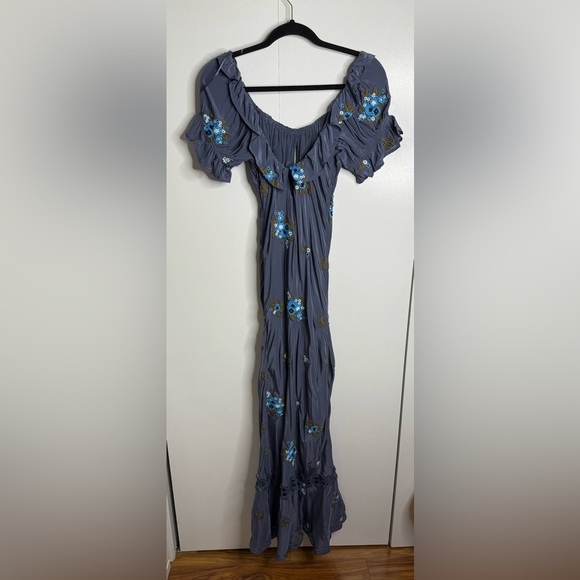Free People Bali Santa Cruz Ruffle Floral Embroidery Blue Maxi Dress Medium NWT - Picture 4 of 9